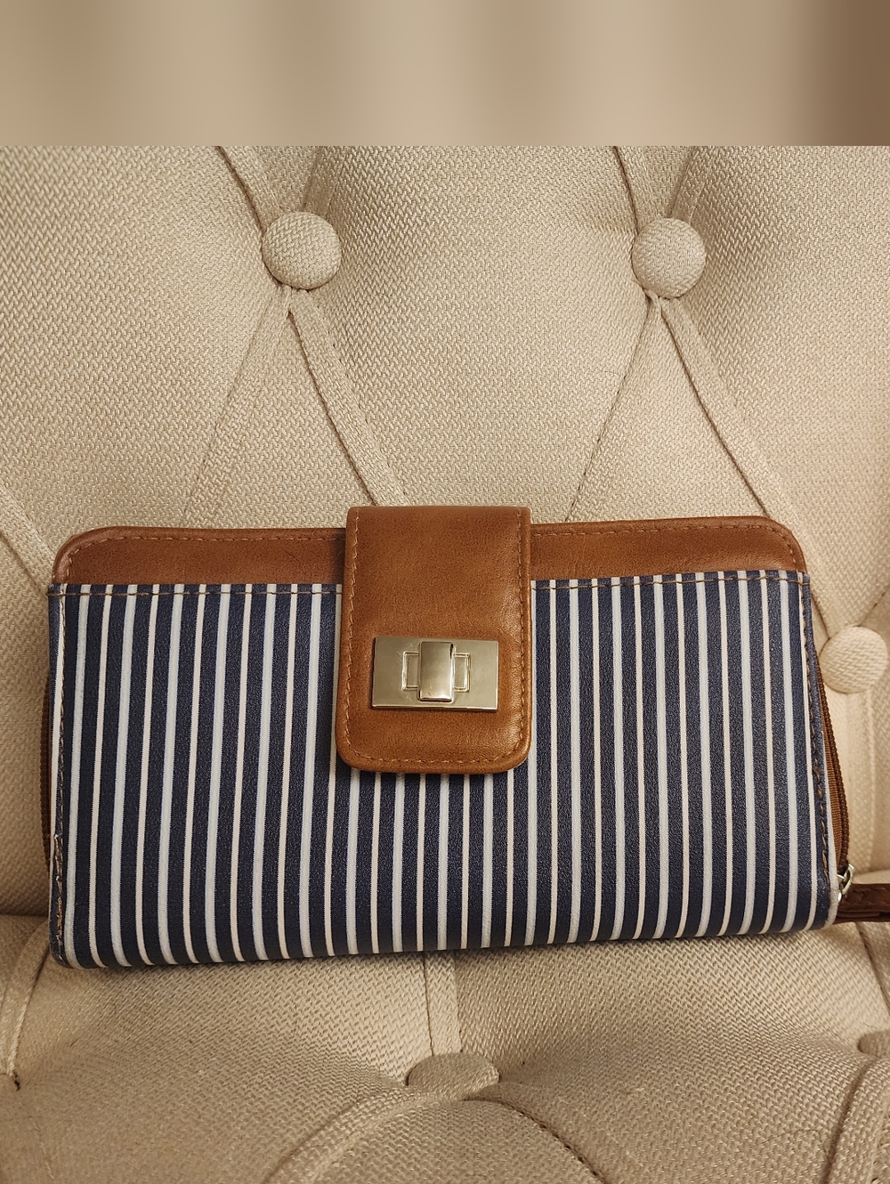 Striped Navy and Brown Women's Wallet, Large Capacity